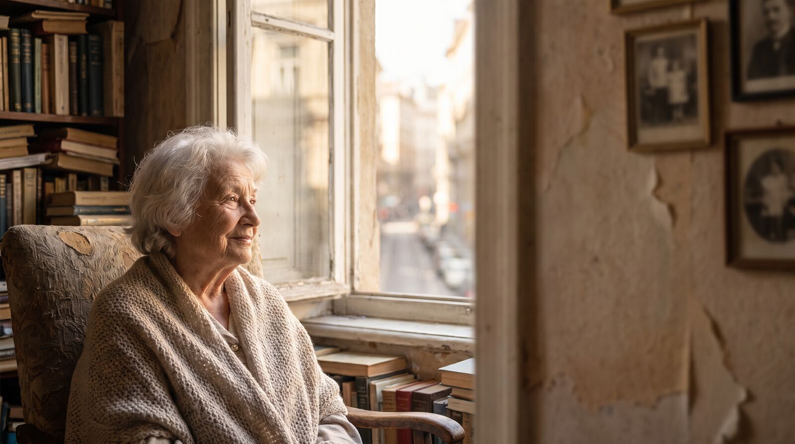 Ältere Frau sitzt nachdenklich am Fenster im warmen Nachmittagslicht
