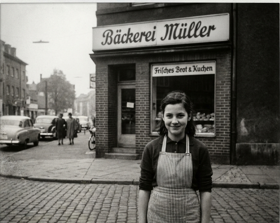 Helga vor der Bäckerei, 1961